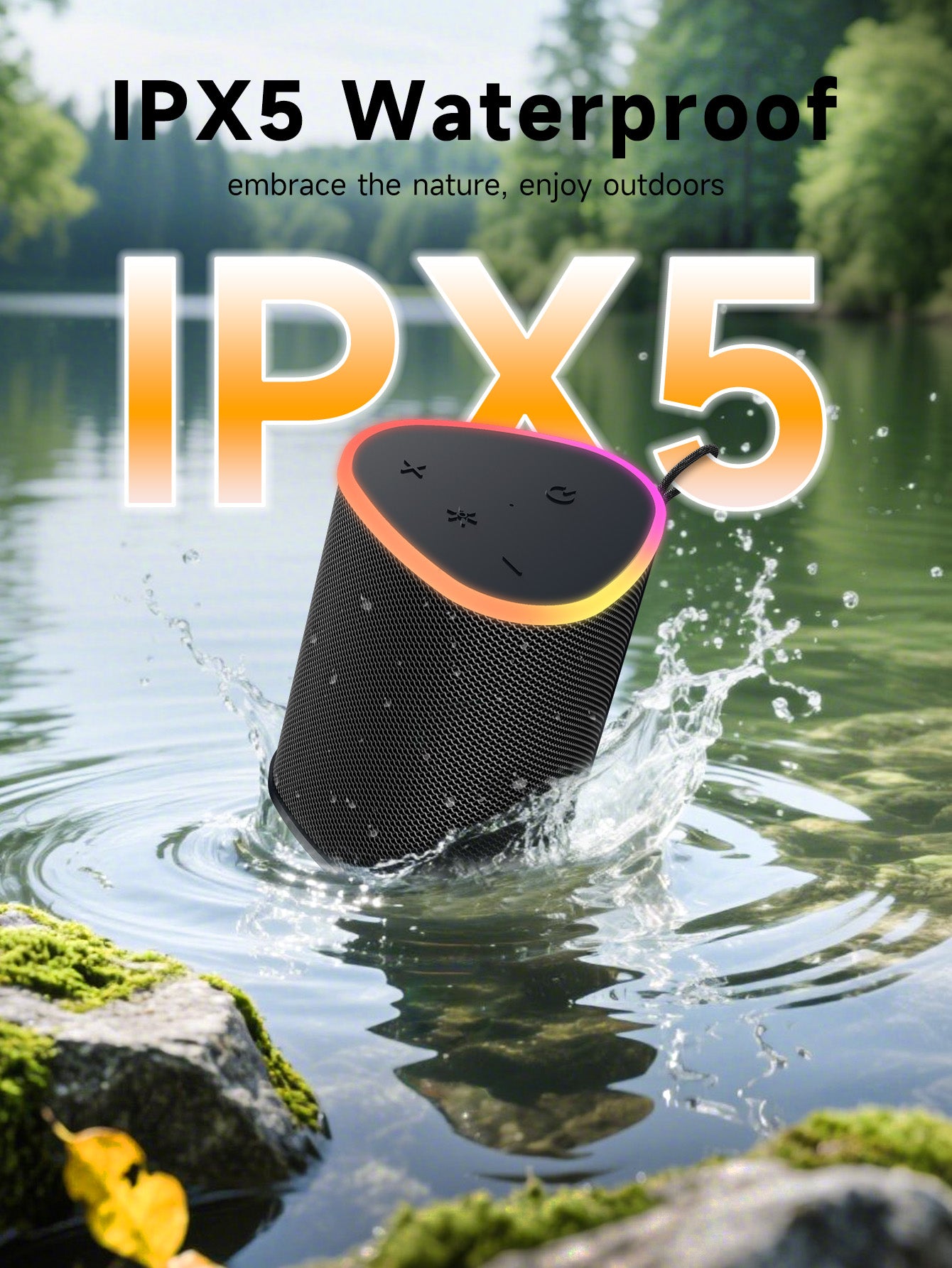 VEATOOL Portable Bluetooth Speaker, IPX5 Waterproof, Stereo Sound, 12H Playtime, Bluetooth 5.3, RGB Lights, Outdoor Speaker