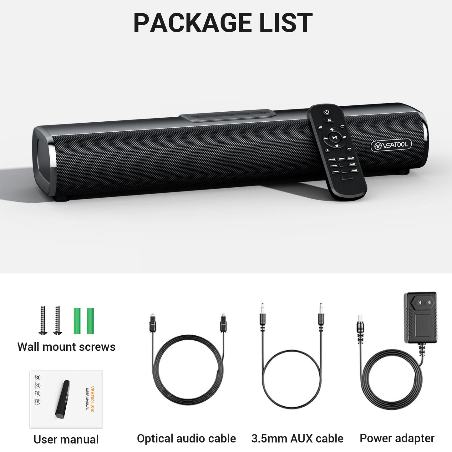 VEATOOL Soundbar,50Watts-16 Inches Small Bluetooth Soundbar with Built-in Subwoofer,3D Surround Sound,OPT/HDMI/AUX/USB Connection,3EQS,Wall Mountable