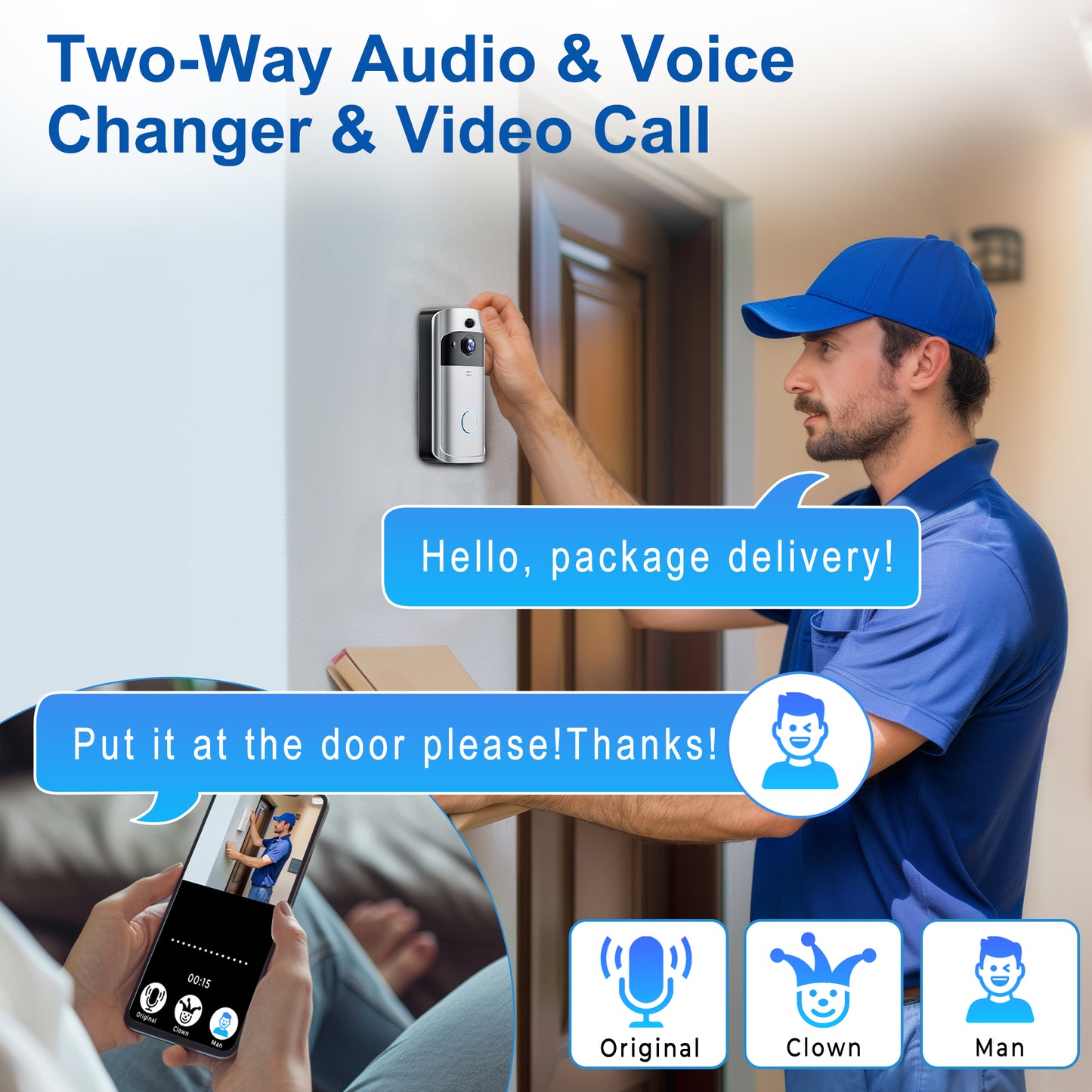 VEAT00L Doorbell Camera Wireless, 1080P Video Doorbell, 2-Way Audio, Instant Alert,PIR Motion Detection,Night Vision