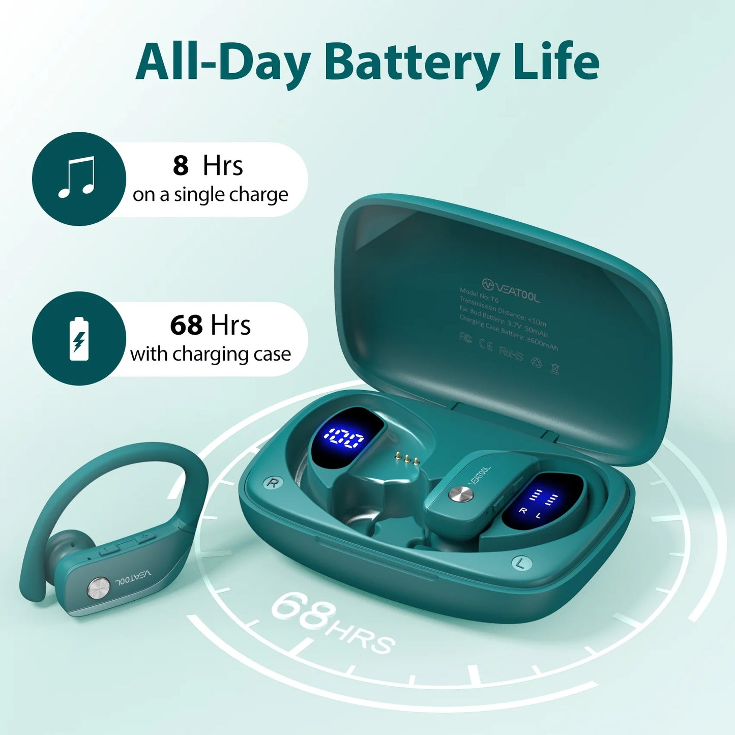 VEAT00L Wireless Bluetooth Headphone Sport, Bluetooth 5.4, 72Hrs Earphone with Earhook, Noise Cancelling Mic, IP7 Waterproof Headset for Workout/Running