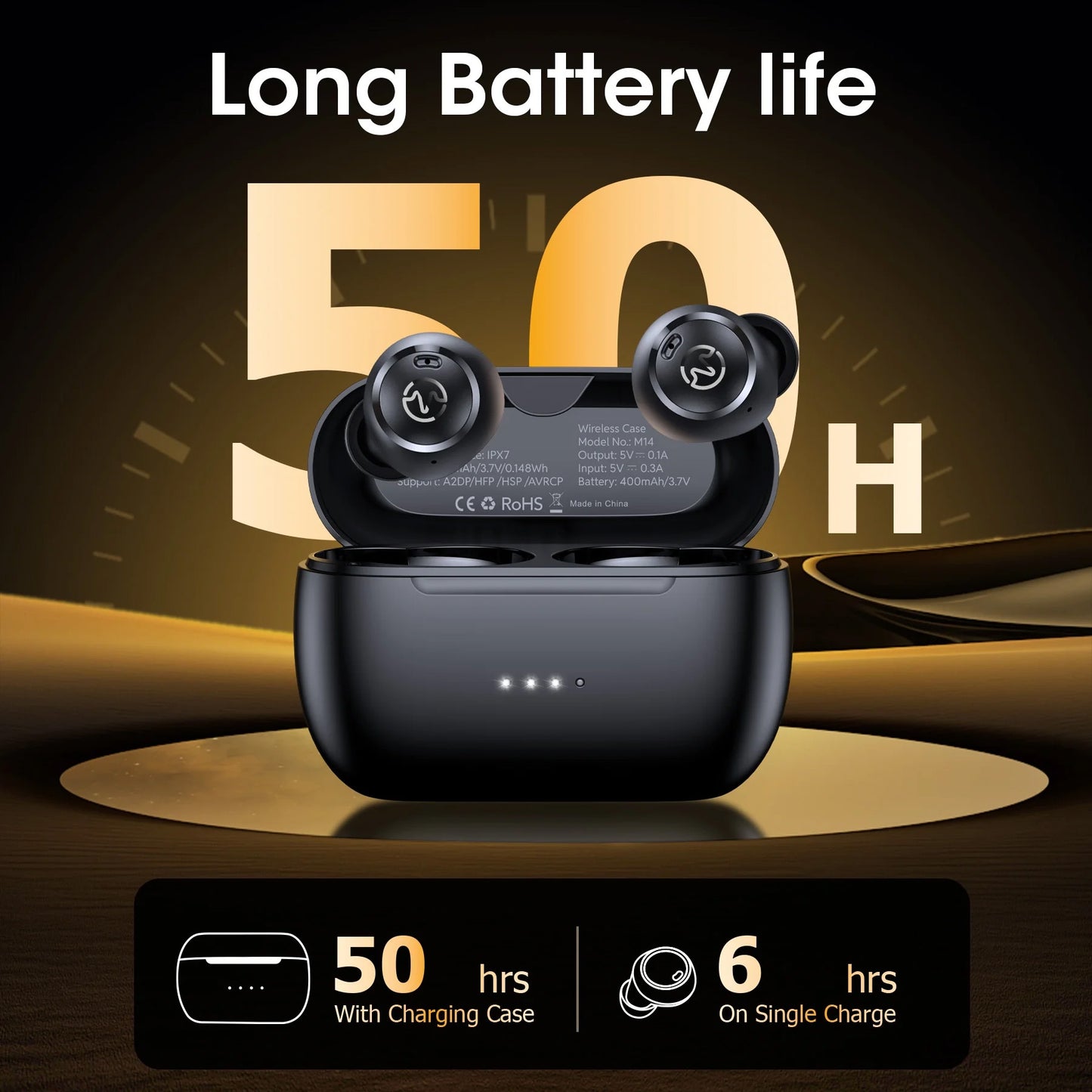 VEAT00L M14 Wireless Earbuds Bluetooth 5.3 in Ear Light-Weight Built-in Mics, 50 Hours Playtime, IPX7