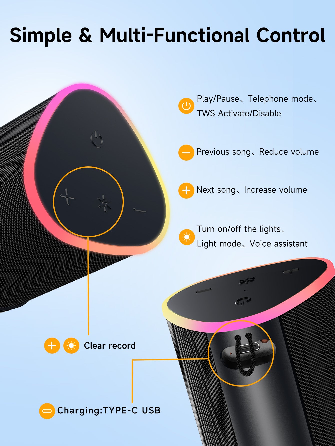 VEATOOL Portable Bluetooth Speaker, IPX5 Waterproof, Stereo Sound, 12H Playtime, Bluetooth 5.3, RGB Lights, Outdoor Speaker