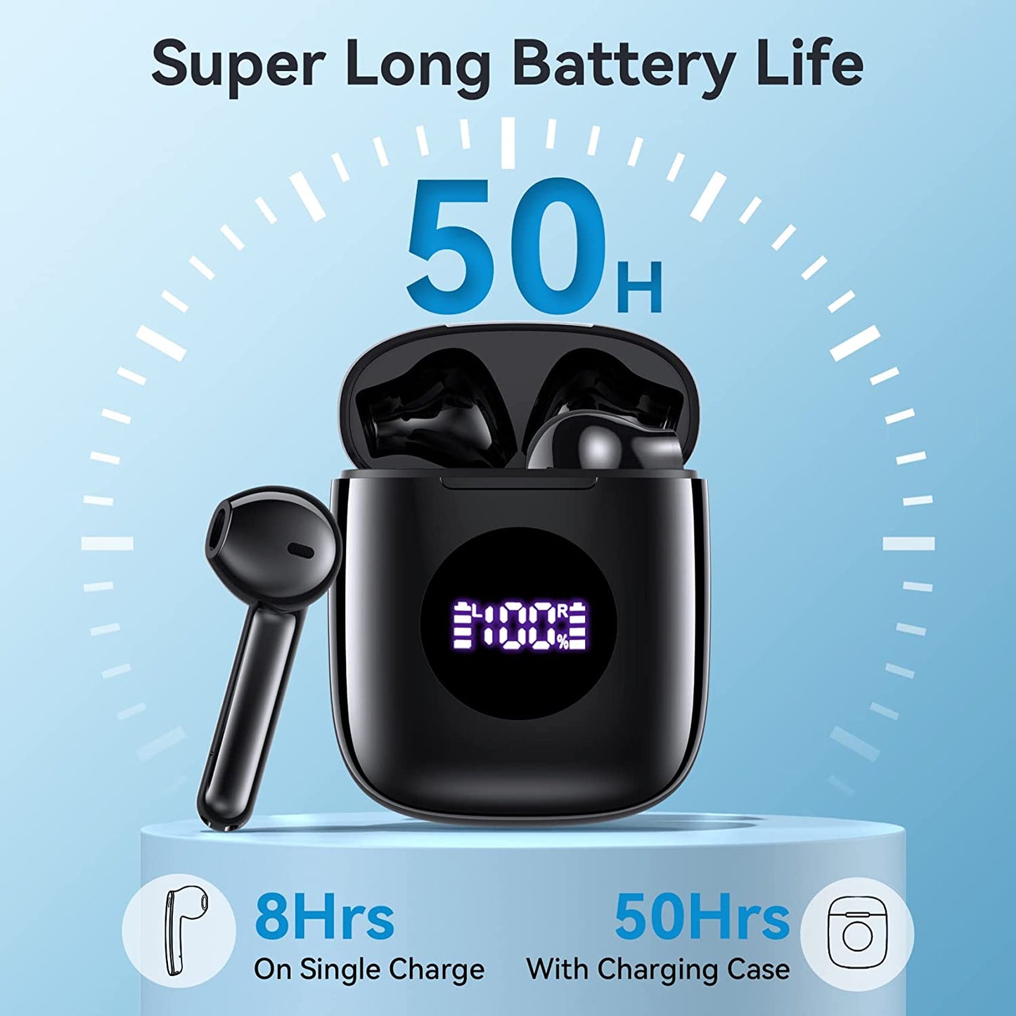 Veatool Wireless Bluetooth 5.3 On-Ear Earphones with 50H Long Battery Life and LED Digital Display
