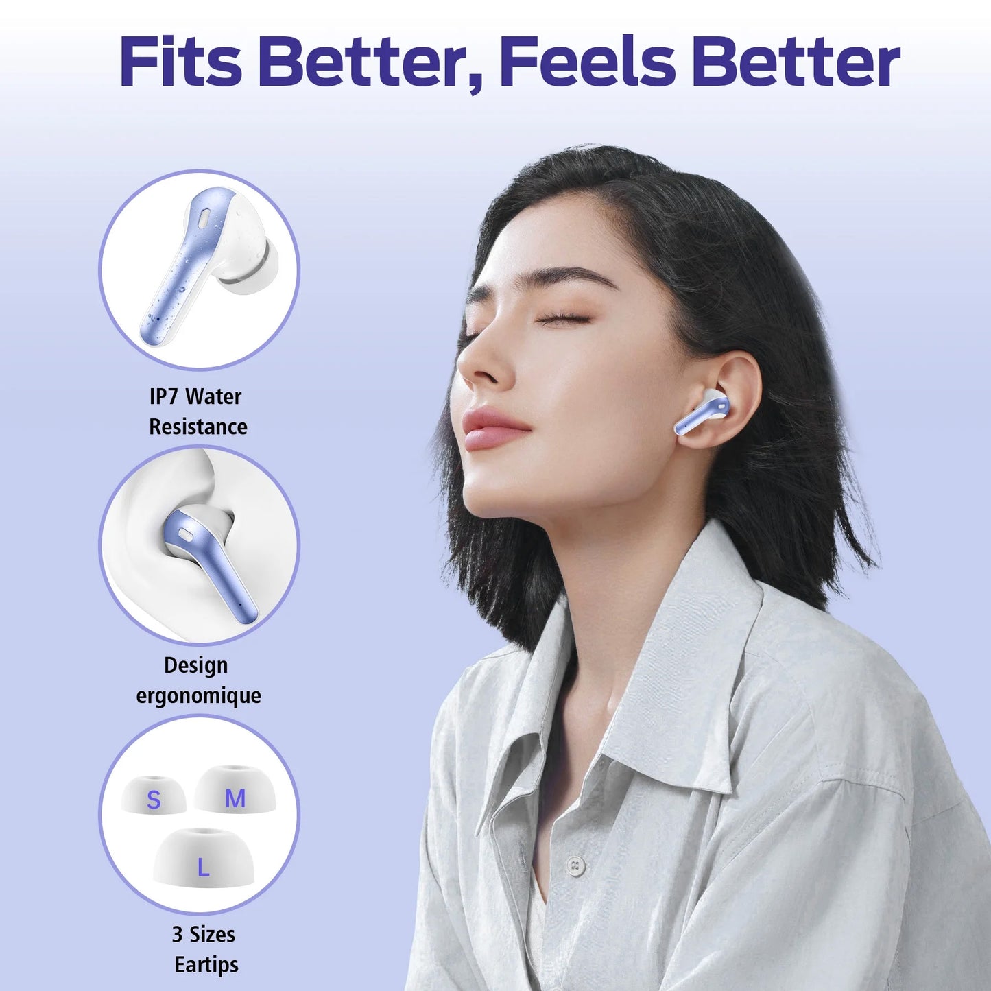 VEATOOL Bluetooth Headphones 65H Playback LED Power Display Earphones with Wireless Charging Case IPX7 Waterproof