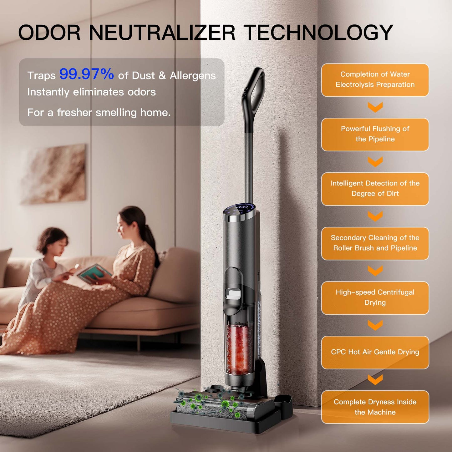 VEAT00L Cordless Wet Dry One Hard Floor Cleaner with Charging Base, Self-Cleaning， 25Kpa Powerful Suction, 30min Runtime, LCD Display, Voice Prompt