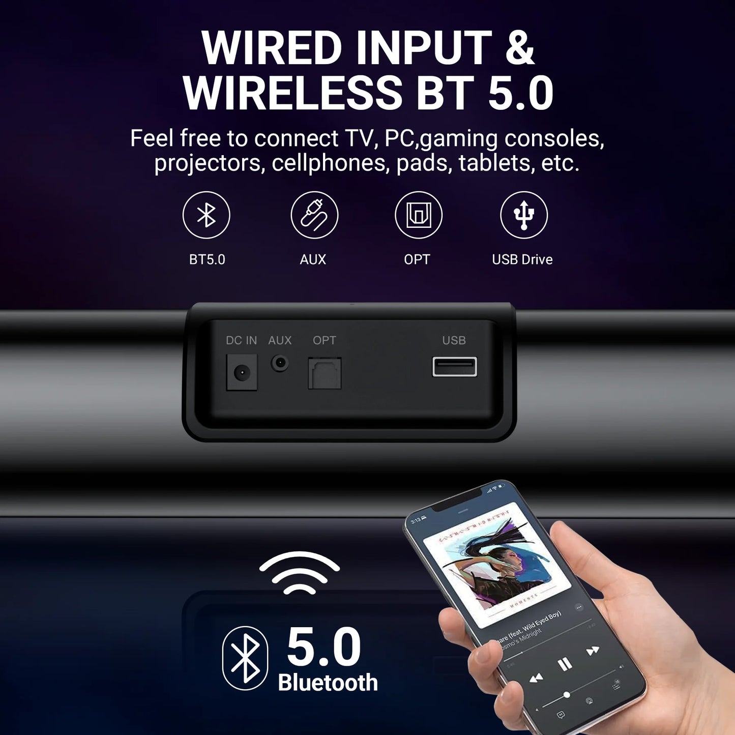 VEATOOL Soundbar,50Watts-16 Inches Small Bluetooth Soundbar with Built-in Subwoofer,3D Surround Sound,OPT/HDMI/AUX/USB Connection,3EQS,Wall Mountable