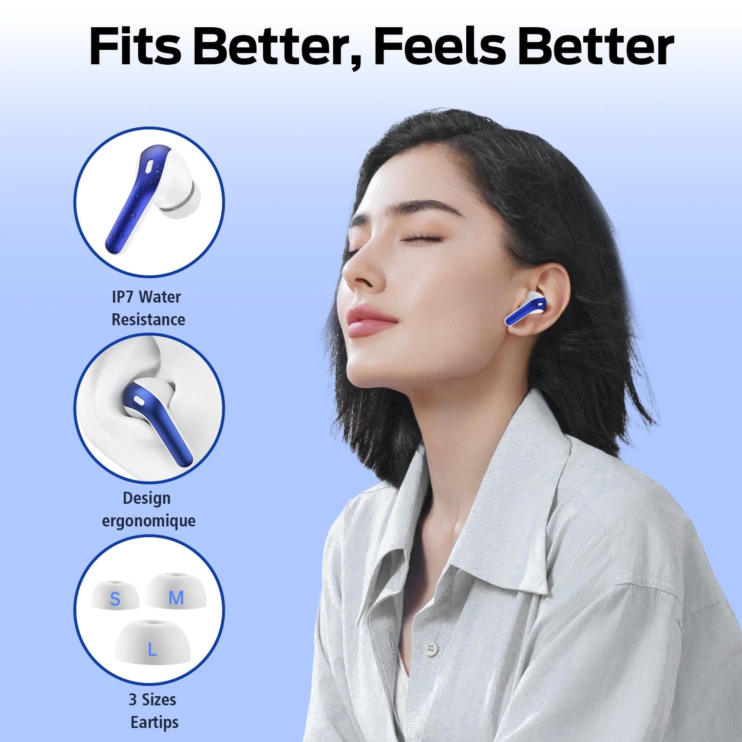 VEATOOL Bluetooth Headphones 65H Playback LED Power Display Earphones with Wireless Charging Case IPX7 Waterproof