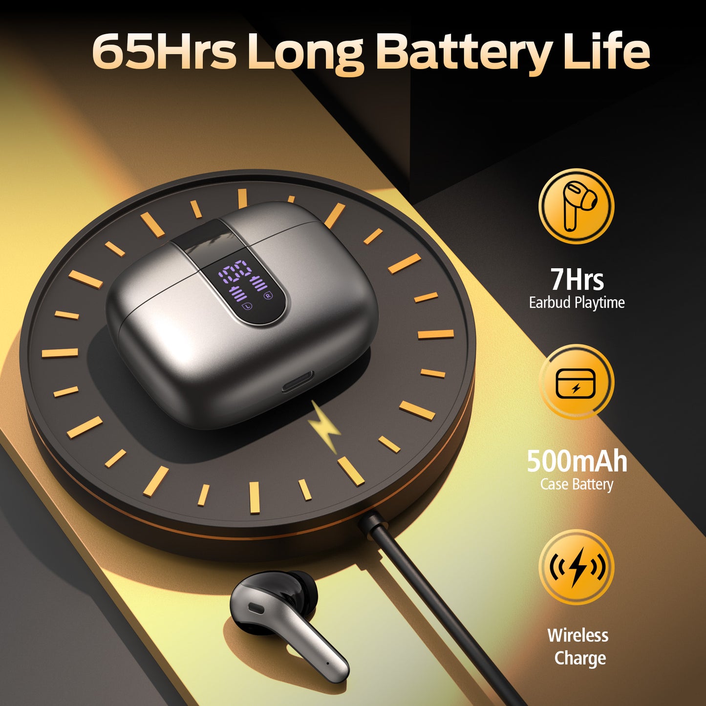 VEATOOL Bluetooth Headphones 65H Playback LED Power Display Earphones with Wireless Charging Case IPX7 Waterproof