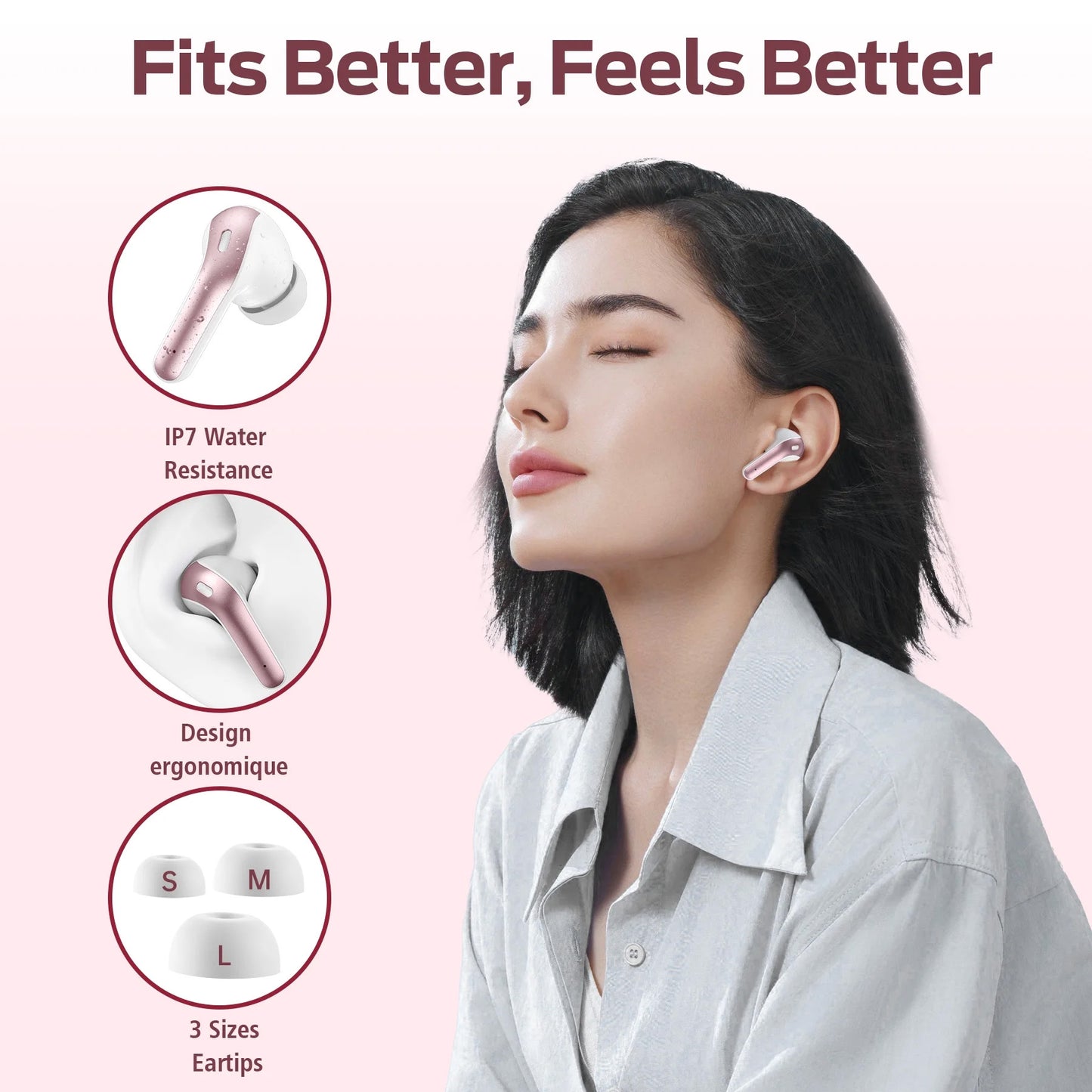 VEATOOL Bluetooth Headphones 65H Playback LED Power Display Earphones with Wireless Charging Case IPX7 Waterproof