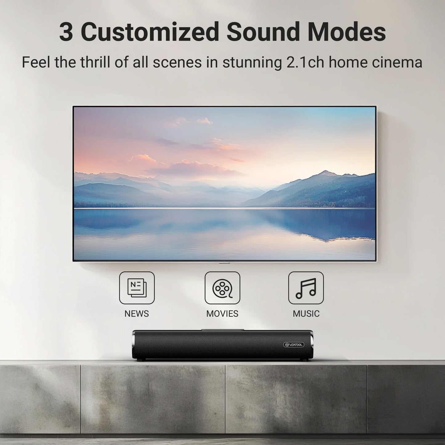 VEATOOL Soundbar,50Watts-16 Inches Small Bluetooth Soundbar with Built-in Subwoofer,3D Surround Sound,OPT/HDMI/AUX/USB Connection,3EQS,Wall Mountable