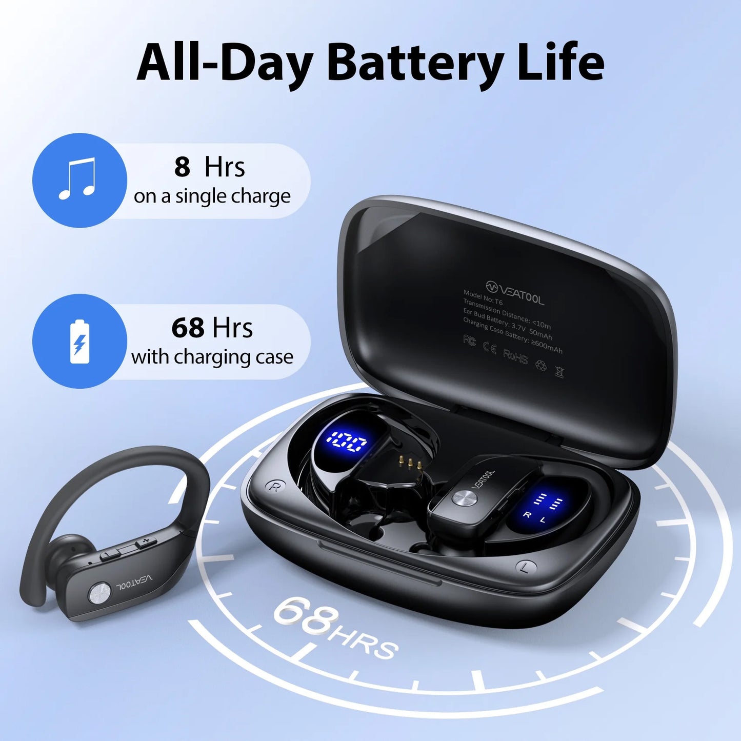 VEAT00L Wireless Headphone Sport,72Hrs Earphone with Earhook, Noise Cancelling Mic, IP7 Waterproof