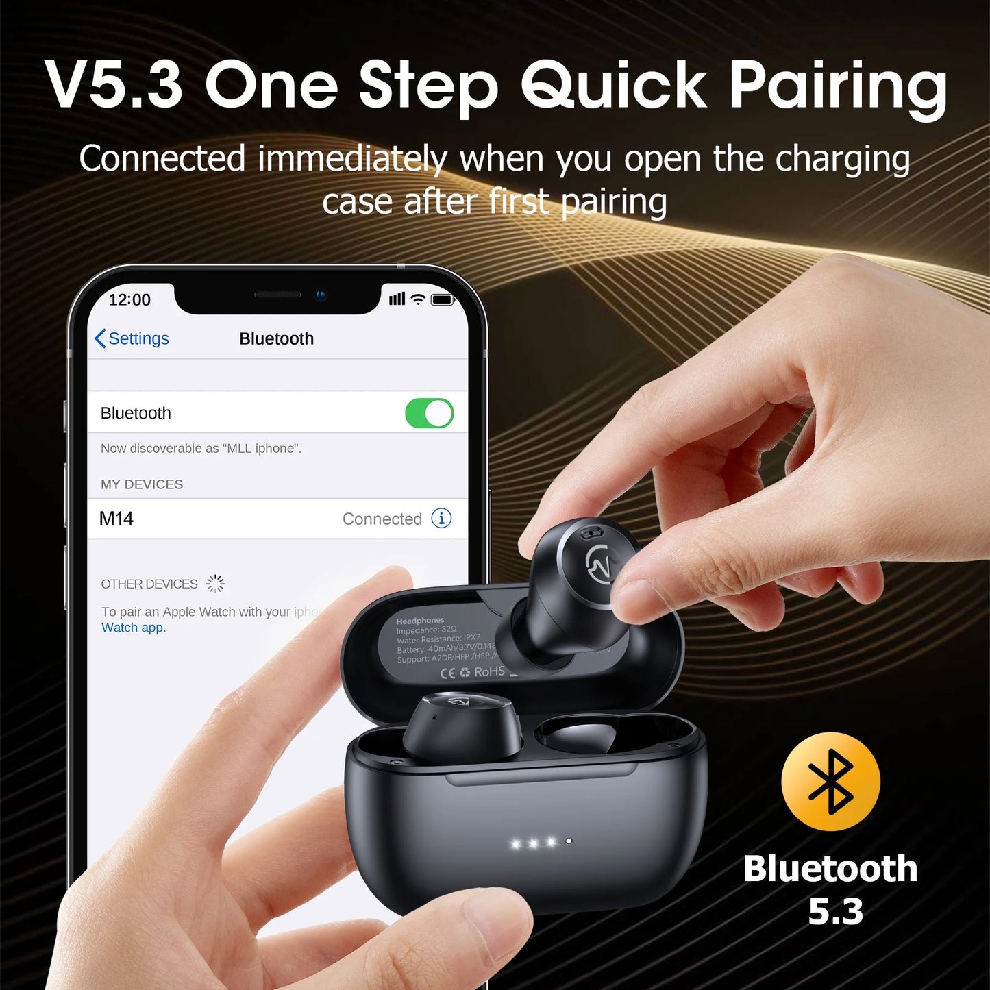 VEAT00L M14 Wireless Earbuds Bluetooth 5.3 in Ear Light-Weight Built-in Mics, 50 Hours Playtime, IPX7