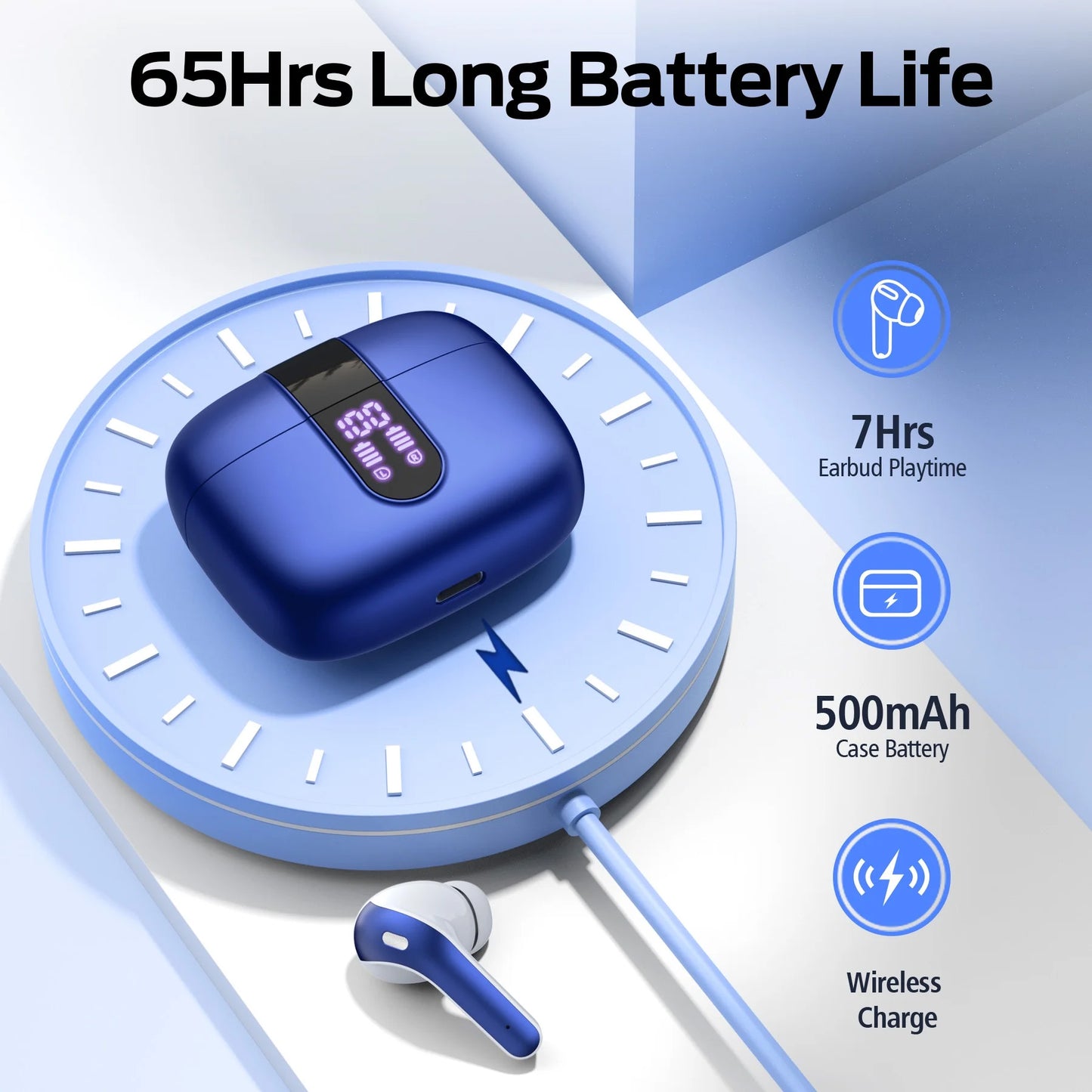 VEATOOL Bluetooth Headphones 65H Playback LED Power Display Earphones with Wireless Charging Case IPX7 Waterproof