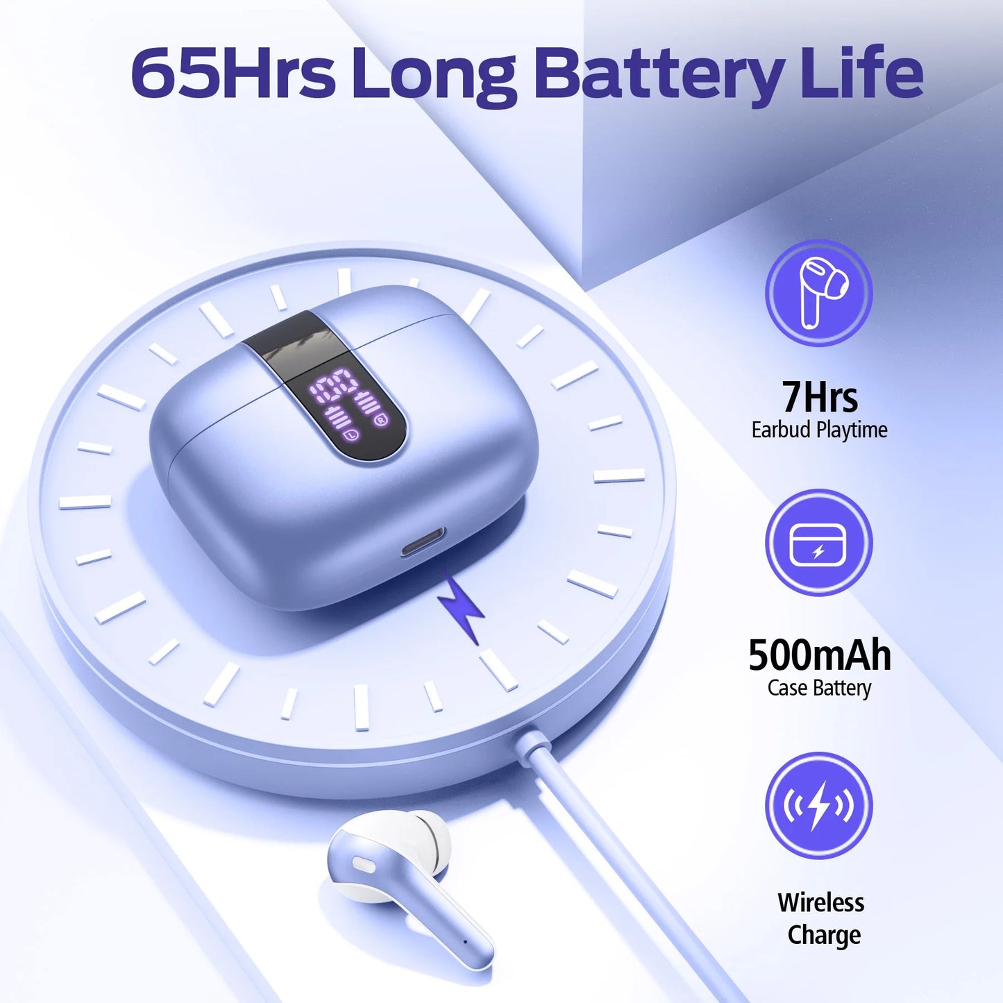 VEATOOL Bluetooth Headphones 65H Playback LED Power Display Earphones with Wireless Charging Case IPX7 Waterproof