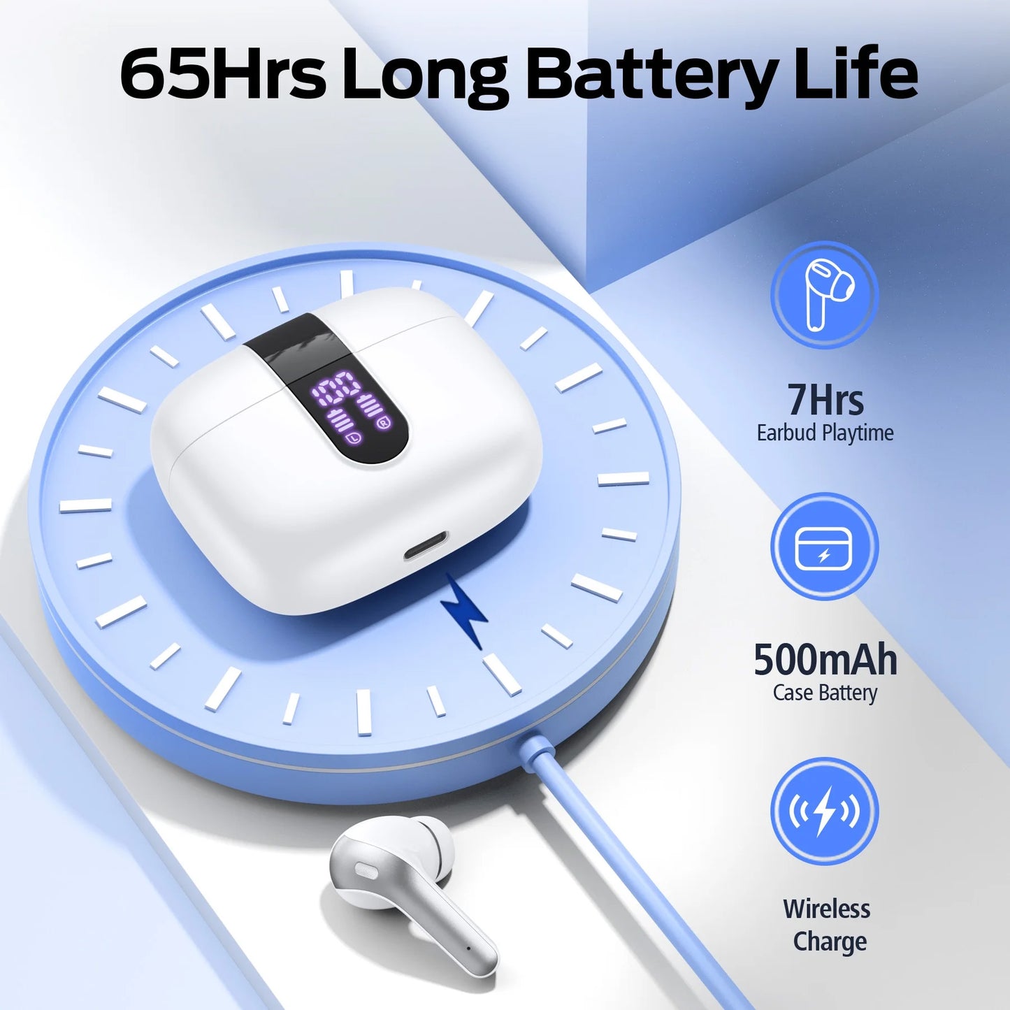 VEATOOL Bluetooth Headphones 65H Playback LED Power Display Earphones with Wireless Charging Case IPX7 Waterproof