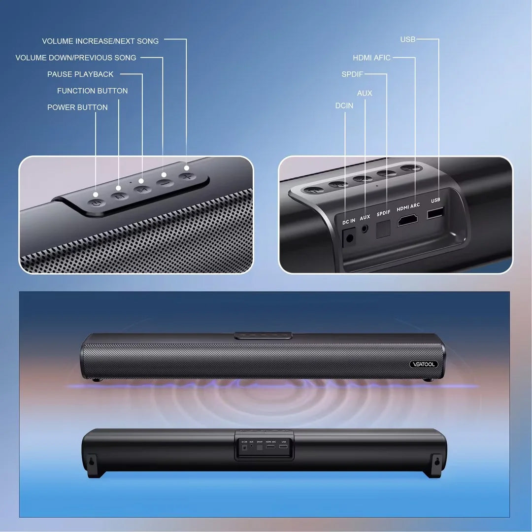 VEAT00L 2.1ch Sound Bars for TV, Soundbar with Subwoofer, Wired & Wireless Bluetooth 5.0 3D Surround Speakers, Optical/HDMI/AUX/RCA/USB Connection, Wall Mountable, Remote Control