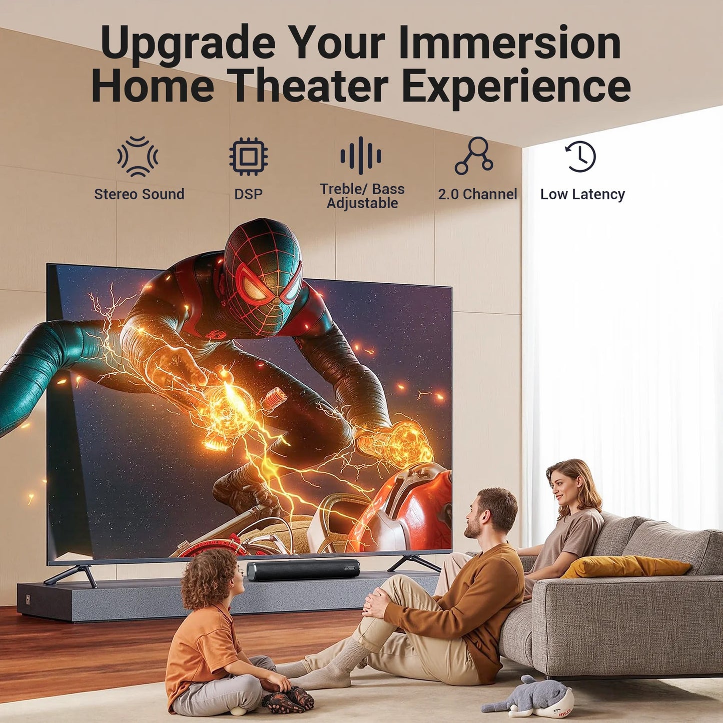 VEATOOL Soundbar,50Watts-16 Inches Small Bluetooth Soundbar with Built-in Subwoofer,3D Surround Sound,OPT/HDMI/AUX/USB Connection,3EQS,Wall Mountable