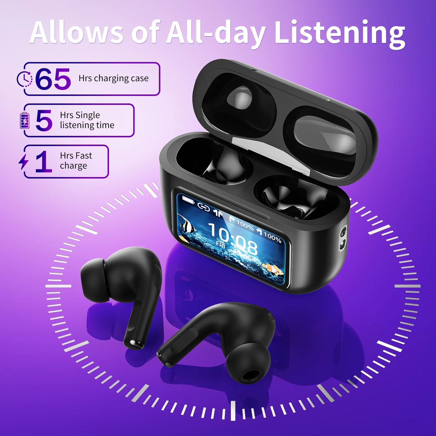 VEAT00L A9 ANC+ENC Earbuds with Smart Touch Screen,Bluetooth 5.4, HiFi Stereo Multiple EQ settings