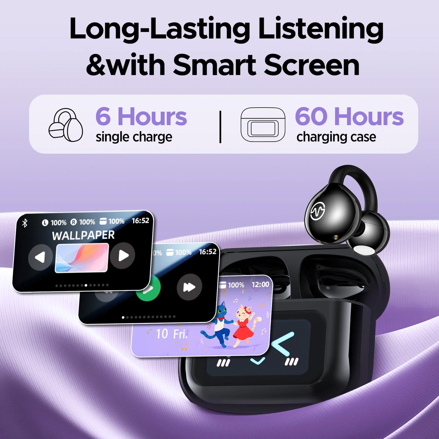 VEATOOL Open Ear Clip-On Earbuds, LCD Touch Screen,ENC Call Noise Cancelling with Mic,60H Playtime