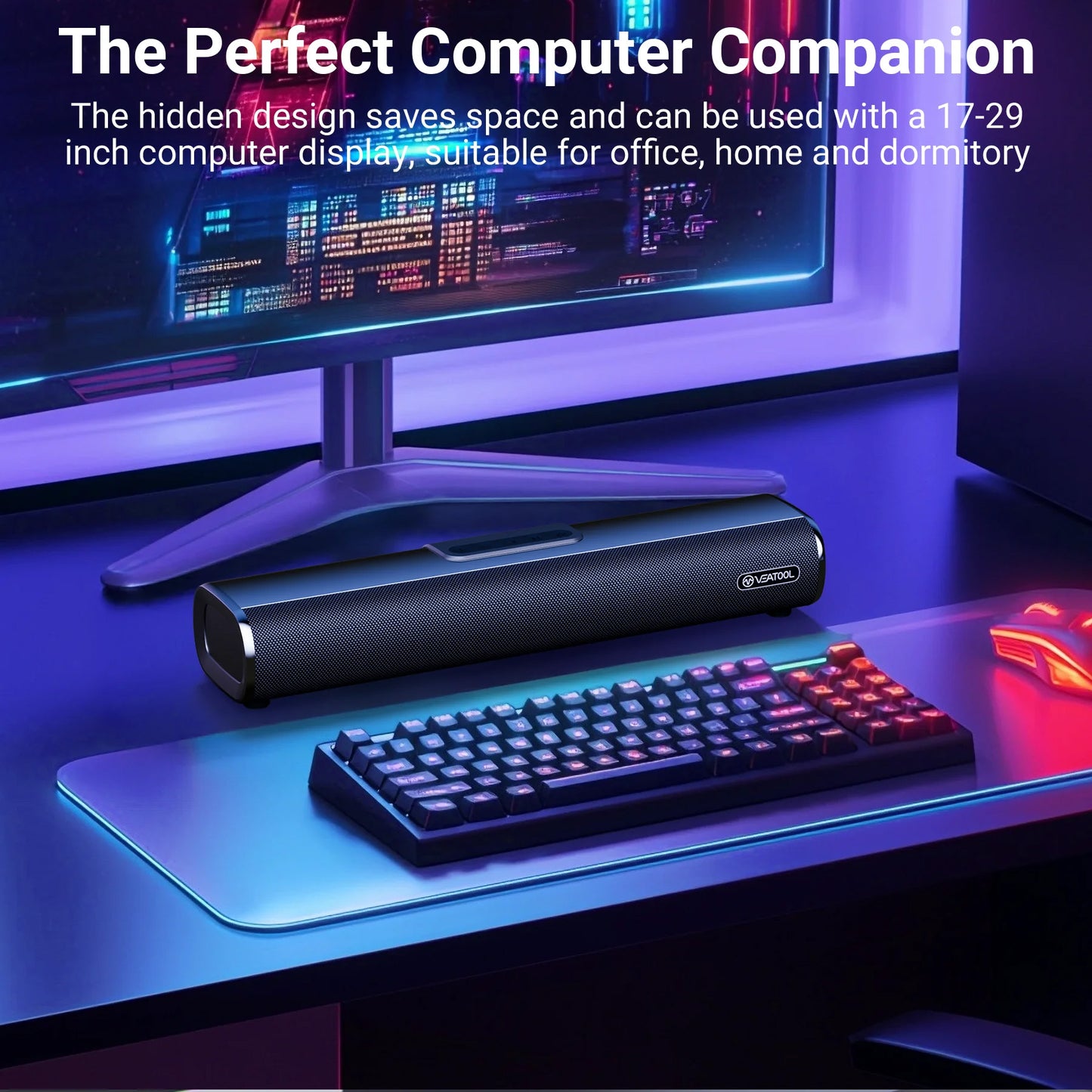 VEATOOL Soundbar,50Watts-16 Inches Small Bluetooth Soundbar with Built-in Subwoofer,3D Surround Sound,OPT/HDMI/AUX/USB Connection,3EQS,Wall Mountable