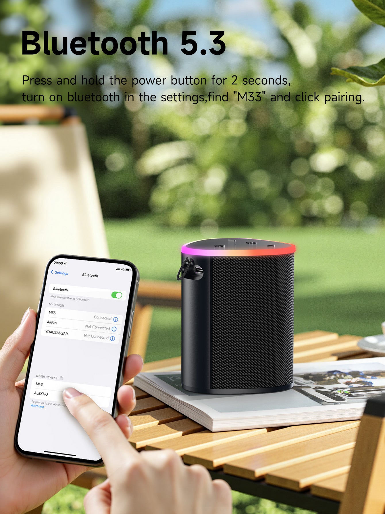 VEATOOL Portable Bluetooth Speaker, IPX5 Waterproof, Stereo Sound, 12H Playtime, Bluetooth 5.3, RGB Lights, Outdoor Speaker
